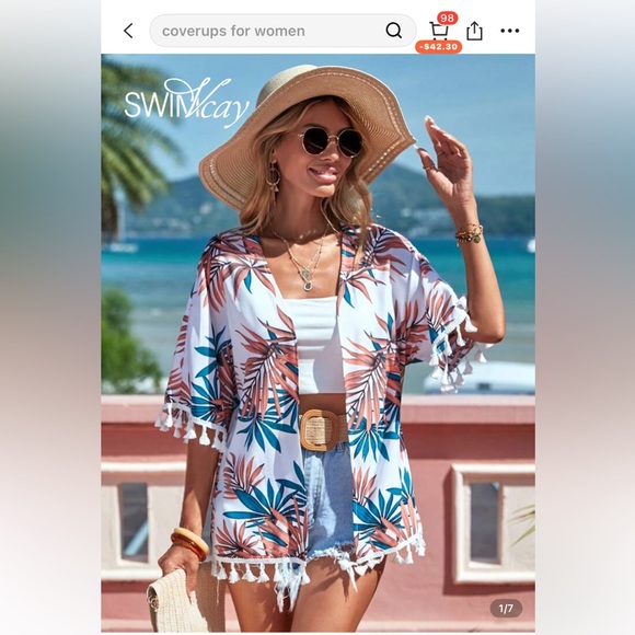 SHEIN Tops - Tropical Leaf Print Kimono with Tassels